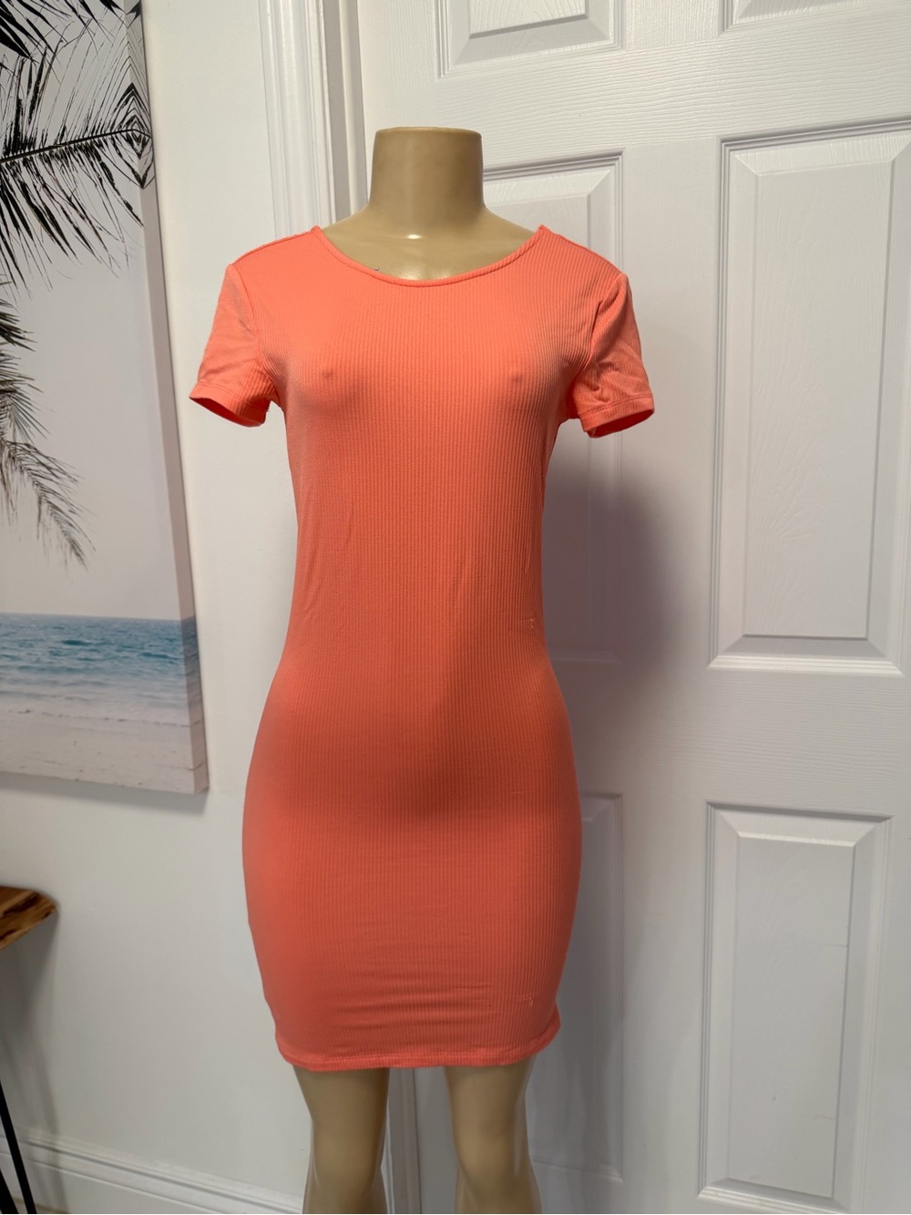 Women's Ribbed Short Sleeve Bodycon Dress - Coral